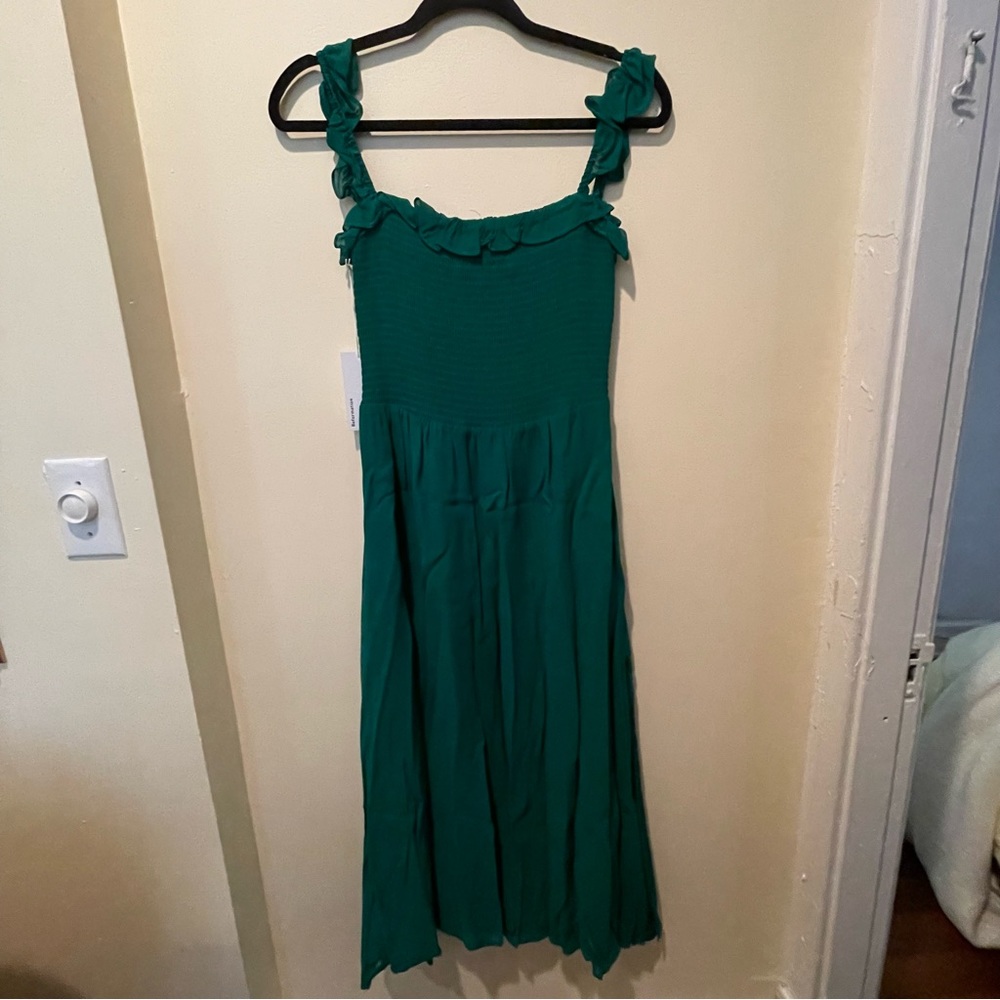 Reformation Green Smocked Midi Dress with Ruffle Straps - Picture 2 of 8